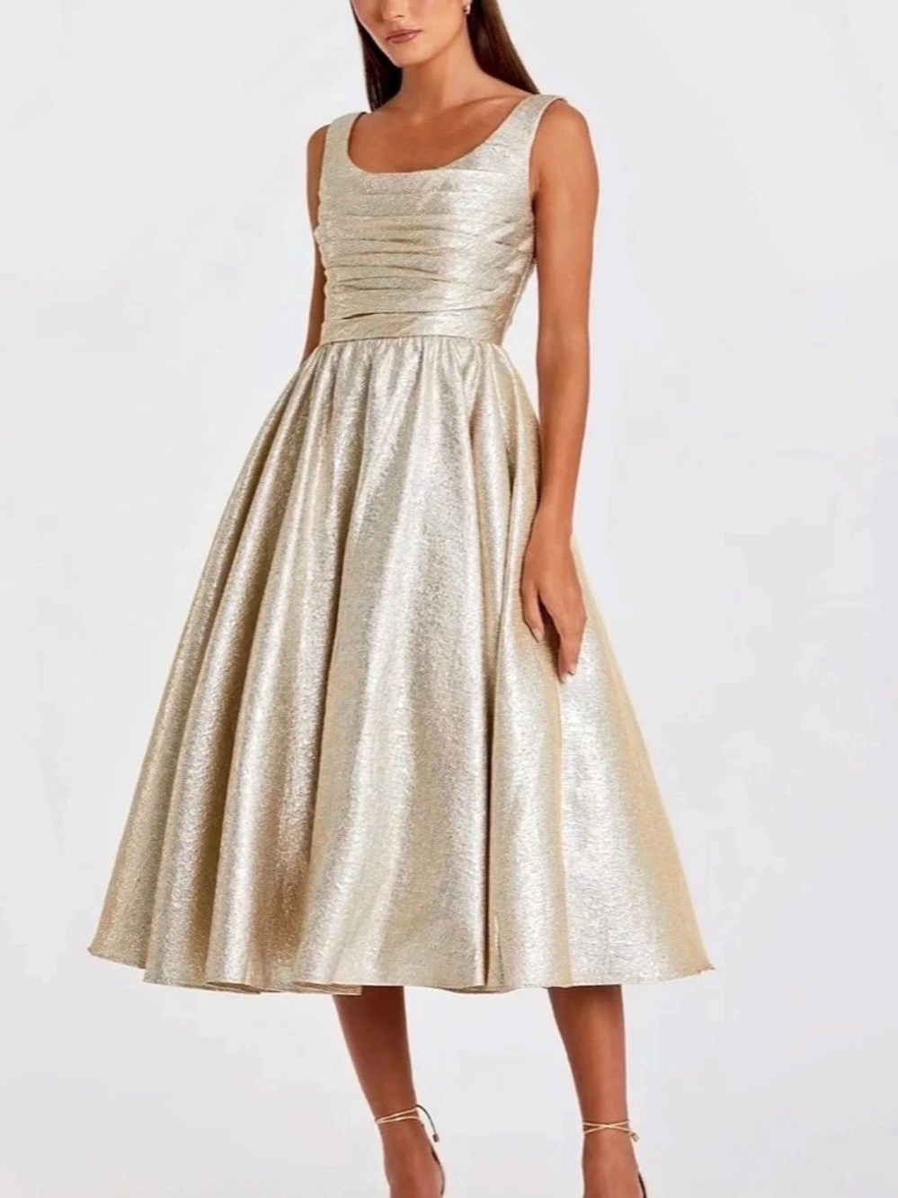 Mac Duggal Square Neck Sleeveless Metallic Midi Dress Gold